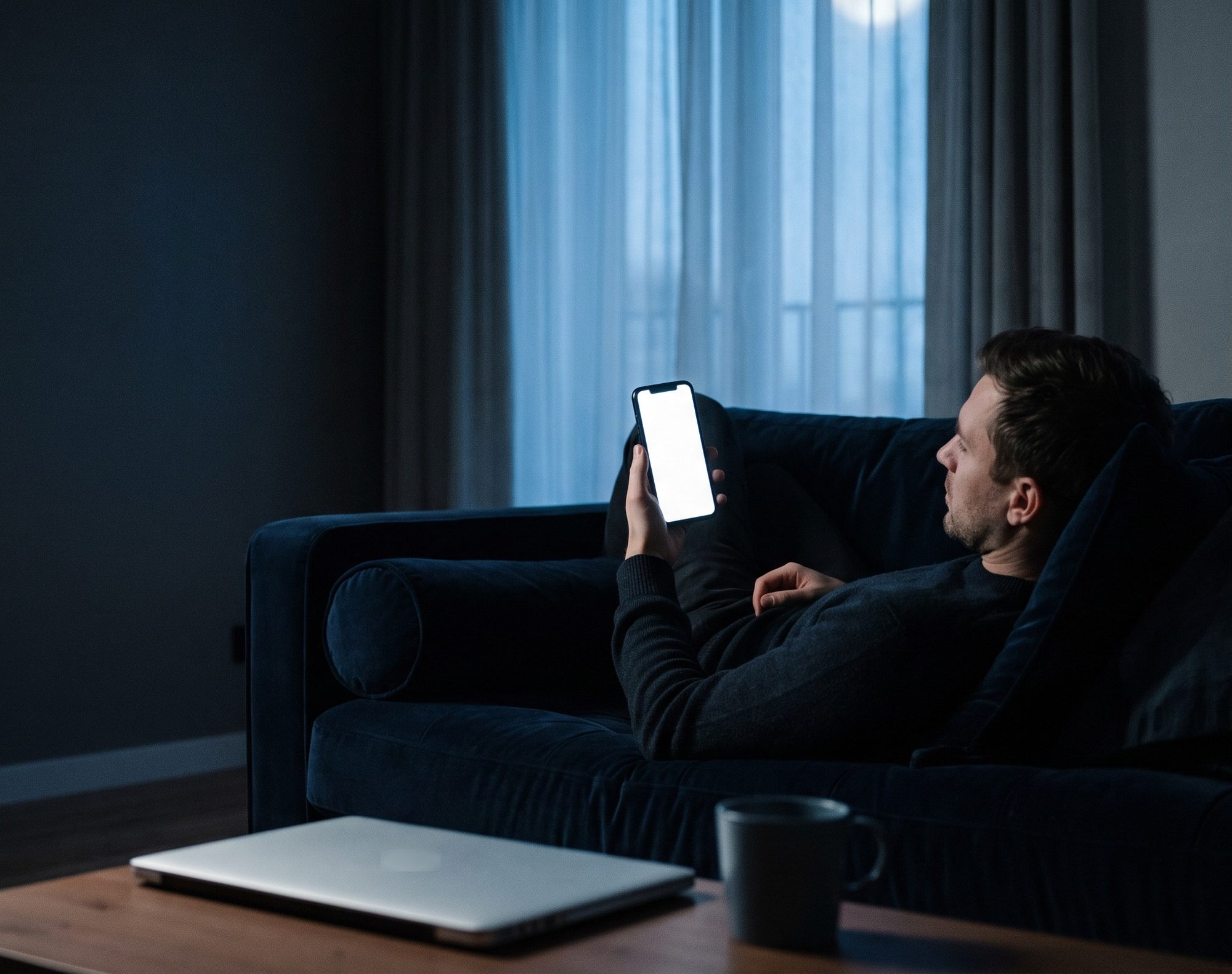 Un trader détendu chez lui le soir, téléphone en main, pendant que le bot tourne.